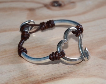 Heart Leather Bracelet, Silver Tube, Europa Zamak
