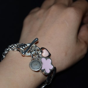 Chain bracelet-thick silver plated Zamak flower heart charm bracelet-red and black pink blue flower charm bracelet image 9