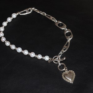 Thick silver plated chain necklace-heart pendant necklace-unique stylish necklace-half string pearl necklace-irregular chain necklace