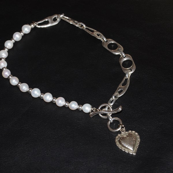 Collier de chaîne plaqué argent épais-collier pendentif coeur-collier élégant unique-collier de perles demi-corde-collier de chaîne irrégulière
