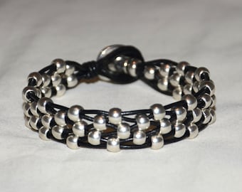 Unisex Leather Bracelet, Ancient Silver Color Beads, Vintage Style