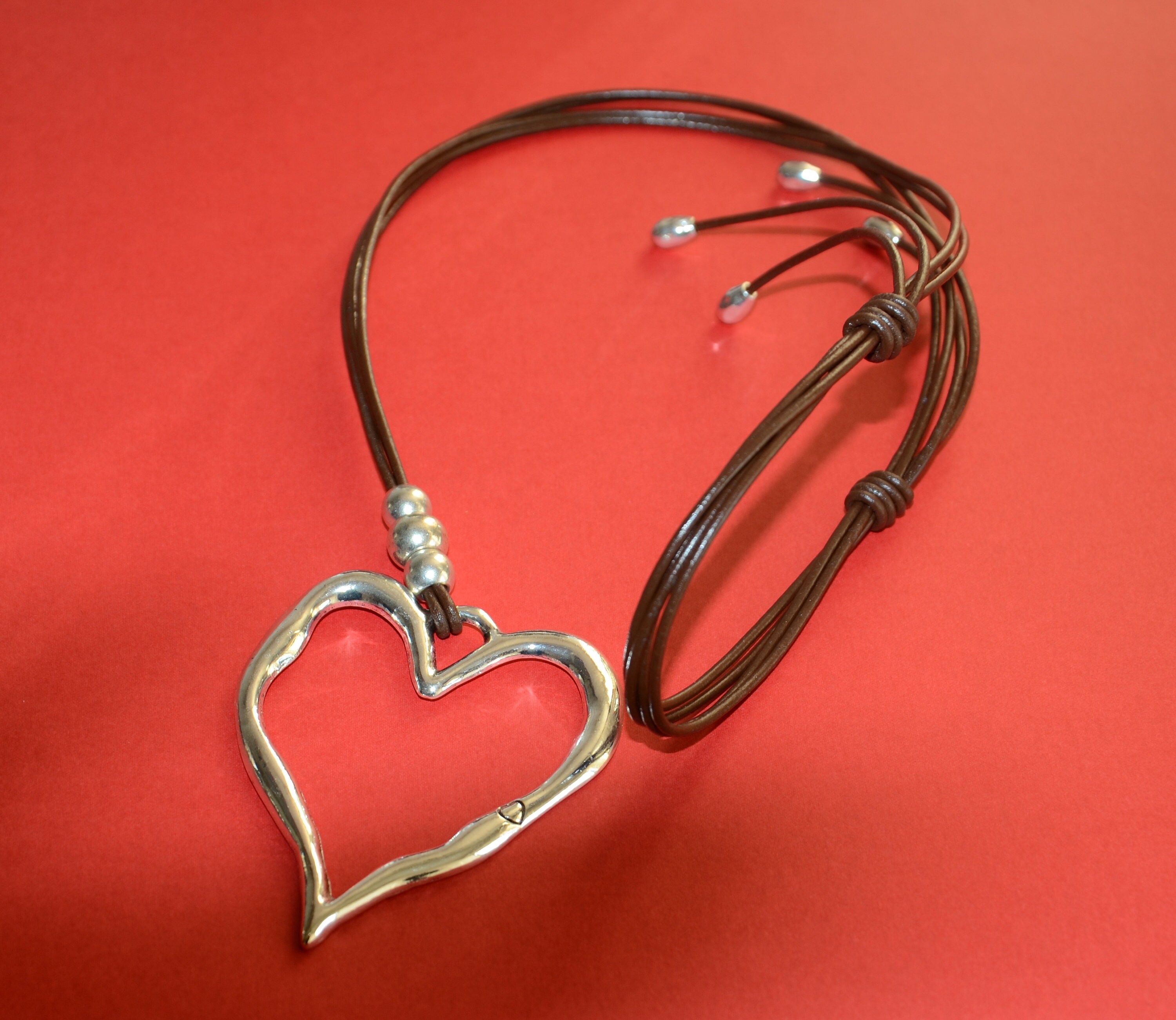 A Long Leather Necklace With Big Heart Pendantvery Simple Etsy