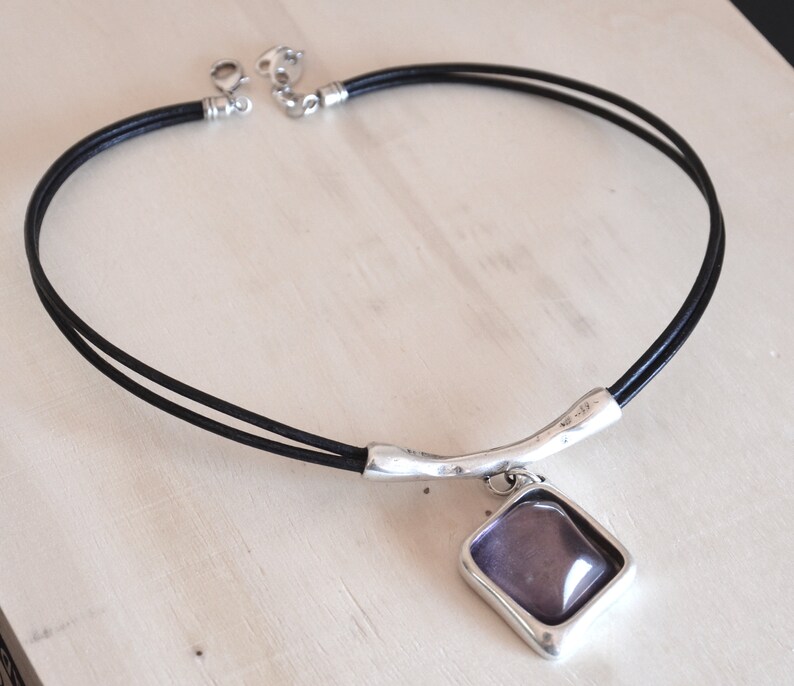 Short leather cord necklace-europe made thick silver filled zamak pendant,square violet resin pendant necklace,vintage leather necklace