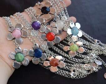 Thick silver plated chain necklace-flower pendant necklace- uno no de 50 style necklace-stylish unique necklace-charm necklace