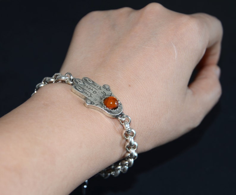 Thick silver filled chain bracelet orange resin inserted Fatima hand connector bracelet-high quality Spain made Zamak chain bracelet zdjęcie 6