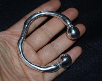 Thick Silver Plated Bangle, Modernist Style, Two Ball Accent