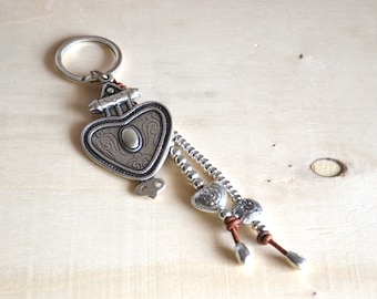 Thick silver filled Keychain-vintage pendent-heart keychain-silver filled decoration-leather cord keychain-birthday gift-vintage key chain