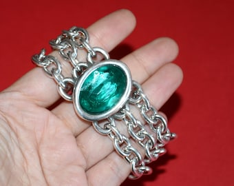 Silver Plated Chain Bracelet with Green Crystal