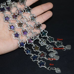 Flower chain bracelet-heart charm bracelet-fancy glass pentagram bracelet-blue green transparent fuchsia star bracelet-adjustable bracelet zdjęcie 4