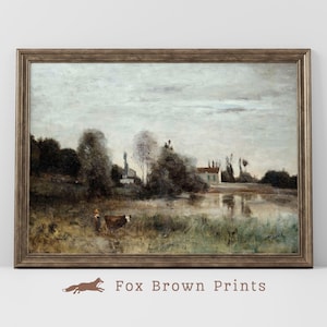 Grazing Cows River Vintage Print | Moody Water Landscape European Farmhouse Decor | PRINTABLE Warm Aesthetic Country River Oil Painting
