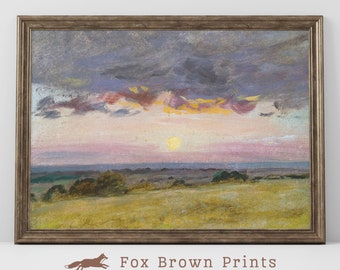 Vintage Sunset Landscape Painting : impression d'art sur le terrain chaud (téléchargement numérique)