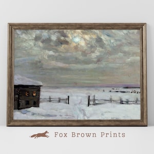 Winter Scene Print of Snowy Fields, Antique Oil Painting of Snow over Farm Fields | 1077