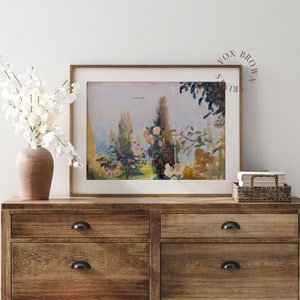 Abstract Landscape Oil Print, Vintage Colorful Painting of Blooming Garden