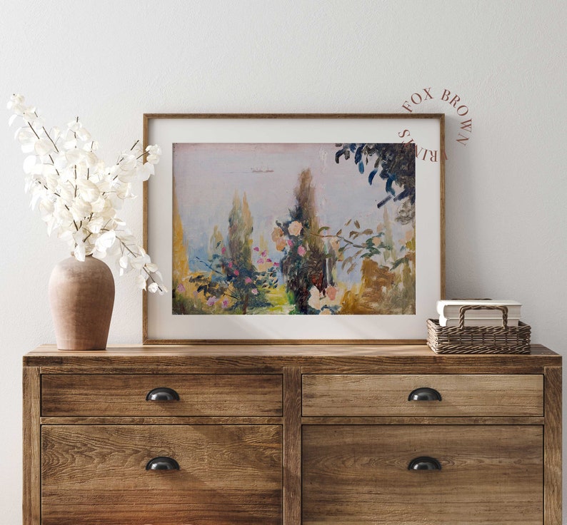 Abstract Landscape Oil Print, Vintage Colorful Painting of Blooming Garden