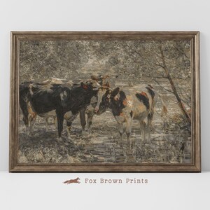 Cows in River Oil Painting, Farm Animal Vintage Oil Painting, Farmhouse Animal Vintage Print, Cottage Country Landscape Farmyard Print