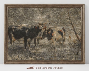 Vintage Cows in River Oil Painting: Farmhouse Landscape Print (Digital Download)
