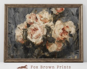 Oil Painting of Cream Roses, Vintage Print Floral Still Life, Flowers on Grey Background, Peach Color Painting, Wall Decor Vintage Art Print