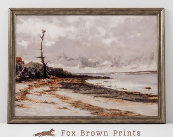 Vintage Coastal Seascape Painting: 19th Century Beach House Art (Digital Download)