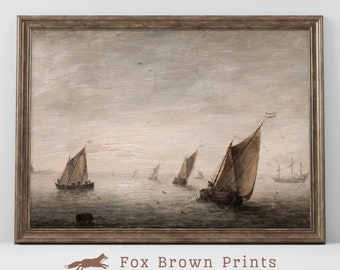 Antique Seascape Painting: Vintage Coastal Art Print (Digital Download)