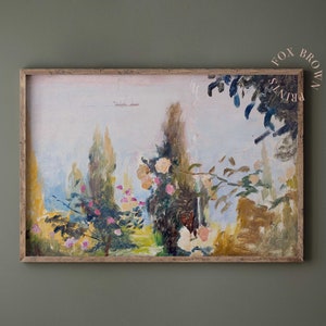 Abstract Landscape Oil Print, Vintage Colorful Painting of Blooming Garden