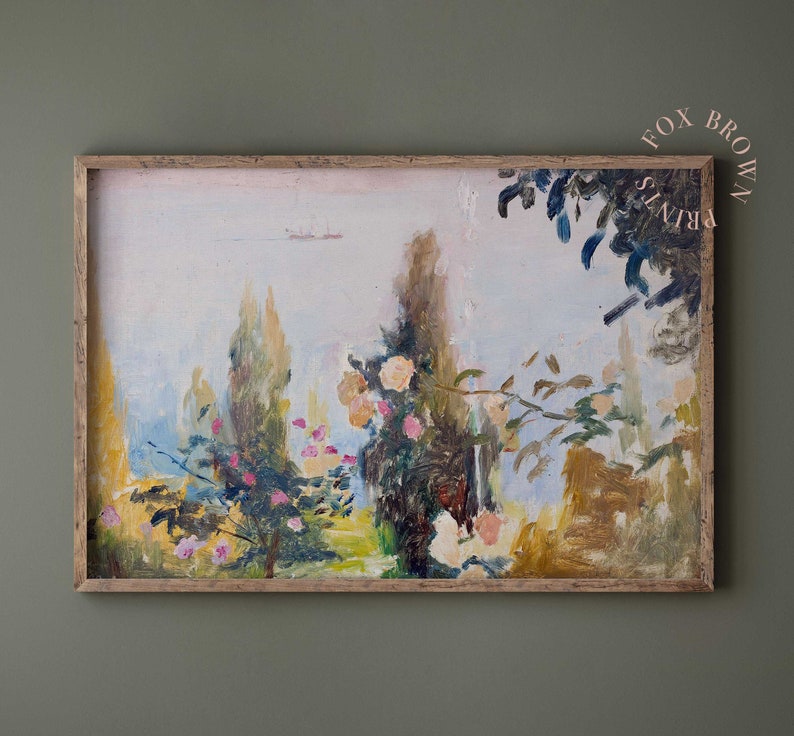 Abstract Landscape Oil Print, Vintage Colorful Painting of Blooming Garden