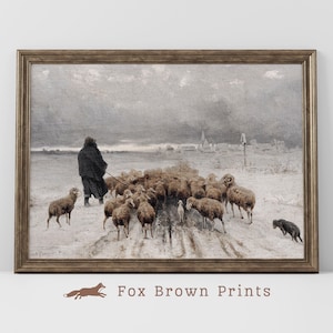 Winter Sheep Farm Landscape Print: Vintage Shepherd Oil Painting (Digital Download)
