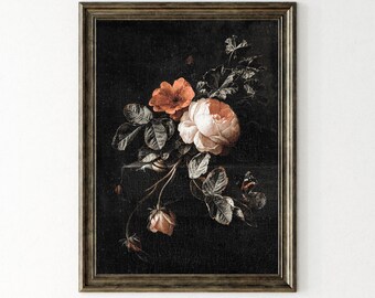 Vintage Floral Oil Painting Print: Moody Dark Academia Red Roses (Digital Download)