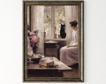 May include: A painting of a woman sitting in a room with a black cat looking out the window. The woman is wearing a long white dress and the cat is sitting on a windowsill. The room is decorated with flowers and a table with books.