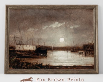 Vintage Seascape Oil Painting: Moody Coastal Harbour (Digital Printable)
