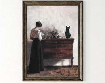 Black Cat Antique Painting: Woman Reading on Dresser (Printable)