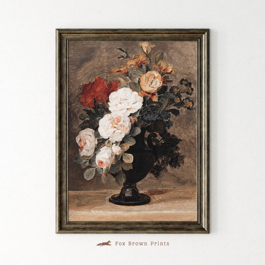 Vintage Rose Painting: Moody Floral Still Life Art Print (digital ...