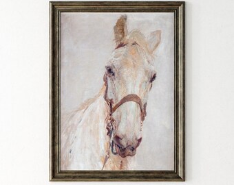 Vintage White Horse Oil Painting Printable: Equestrian Wall Art (Digital Download)