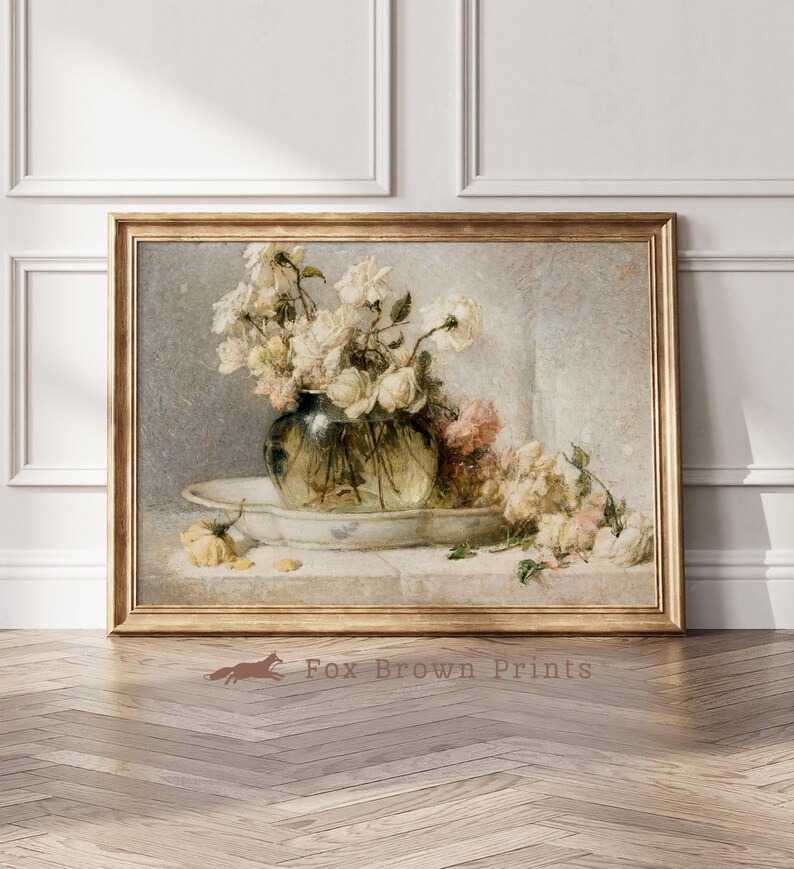 Vintage Rose Oil Painting Art Print: Moody Floral Still Life (digital ...