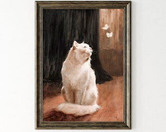 Vintage White Cat Art Print: Victorian Cottagecore Decor (Digital Download)