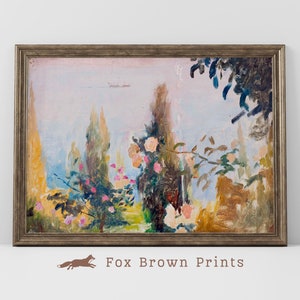 Peut inclure: Une peinture encadr&eacute;e repr&eacute;sentant un paysage avec des arbres et des fleurs roses. La peinture est r&eacute;alis&eacute;e dans un style libre et impressionniste avec des coups de pinceau visibles. L'arri&egrave;re-plan est d'un bleu doux et vaporeux.