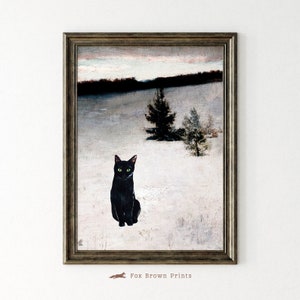 Vintage Cat print of Black cat in Winter with Snow and Woods, Black Cat Wall art Poster PRINTABLE ART  |Cat 18