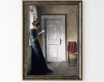 Victoriaanse vrouw lezende print: humeurige vintage bibliotheekmuurkunst (digitale download)