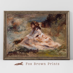 Vintage French Painting capturing Girl in garden, Classic Antique Female Portrait, Girl in Cream Dress Painting in Oils | 1036