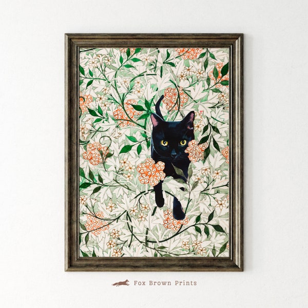 William Morris Cat Print, Morris Cat poster, Black cat digital Print, Funny Cat art print, Home Decor with Cat, Black cat in Flowers | CAT 2