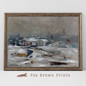 Vintage Winter Lodge Oil Painting: Rustic Snow Scene Print (Digital Download)