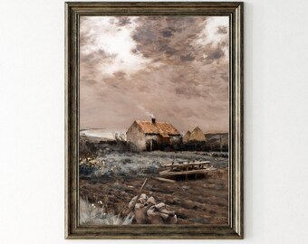 Country Farmhouse Oil Painting: Vintage Landscape Art (Digital Art)