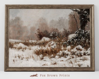 Pintura al óleo de paisaje invernal vintage: Escena rústica nevada (Descarga digital)