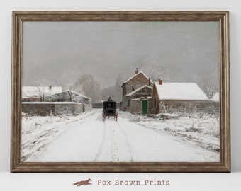 May include: A painting depicting a snowy winter scene with a horse-drawn carriage travelling down a road towards a small village. The houses are covered in snow and the sky is a light grey.