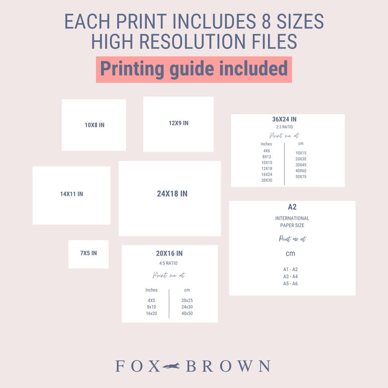 Peut inclure: Un guide imprimable pour 8 tailles diff&eacute;rentes d'impressions, y compris 7x5 pouces, 10x8 pouces, 12x9 pouces, 14x11 pouces, 20x16 pouces, 24x18 pouces et 36x24 pouces. Le guide comprend la taille de l'impression en pouces et en centim&egrave;tres.