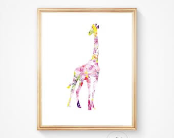 Watercolor Giraffe Art Print: Floral Animal Wall Decor (Digital Download)