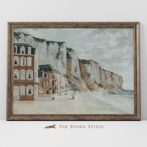 Franse zeegezichtprint: vintage klifhuizen, Ocean Beach (digitale download)