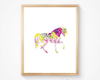 Impression cheval aquarelle : art mural cheval floral coloré (téléchargement numérique)