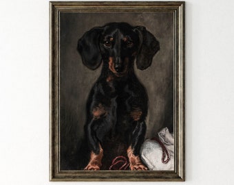 Teckel olieverfschilderij | Hond kunst aan de muur | Teckel hondenliefhebbers cadeau | Zwarte Worsthond AFDRUKBAAR | Schattige hond decor poster | Vintage antiek