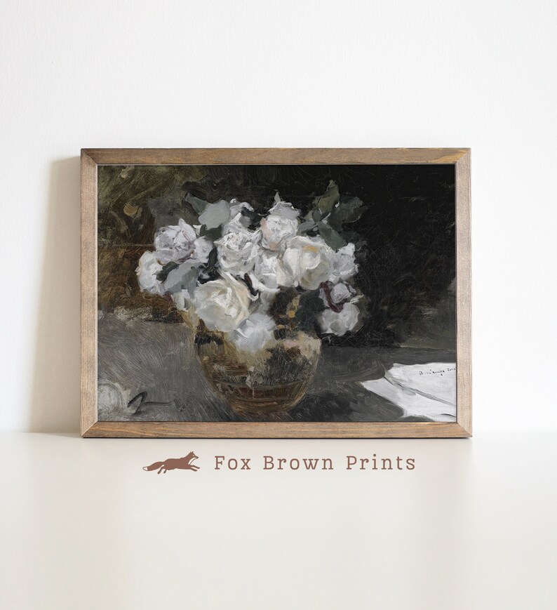 Antique White Rose Still Life Print: Moody Floral Oil Painting (digital ...