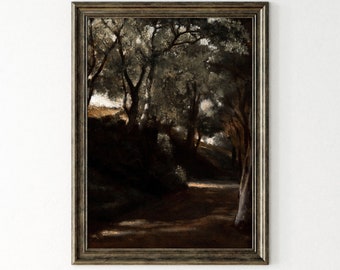 Paesaggio della foresta oscura: dipinto a olio vintage malinconico (stampa digitale)